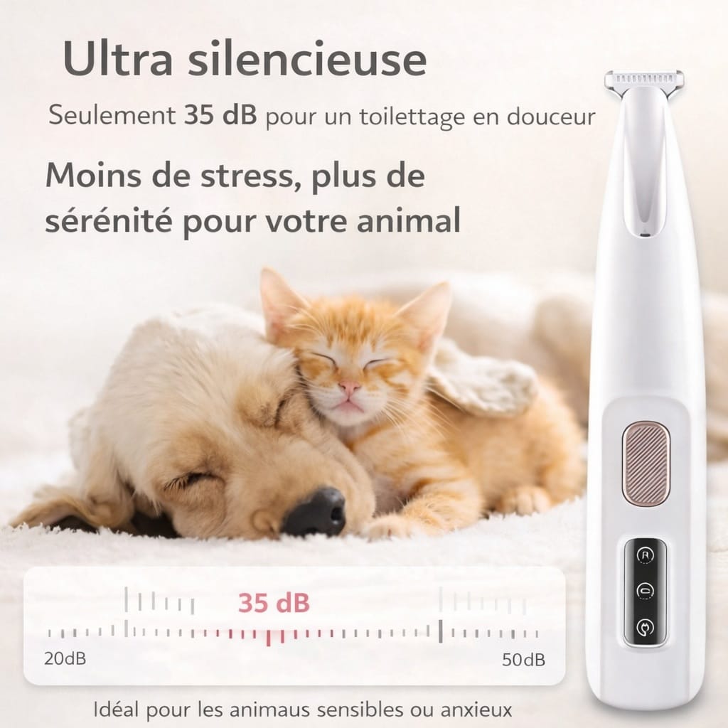 Tondeuse silencieuse pour chat et chien, réduit le stress du toilettage, idéale pour animaux sensibles.