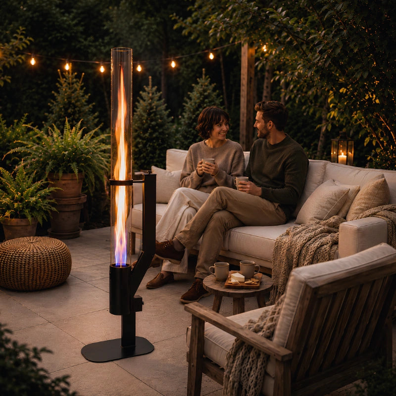 Chauffage d'ambiance et éclairage de jardin: torche à granulés extérieure, flamme verticale.