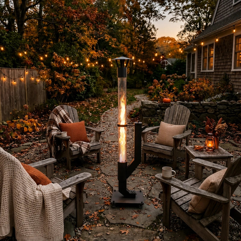 Torche design pour patio en granulés. Flamme verticale, créant une ambiance lumineuse et chauffante.