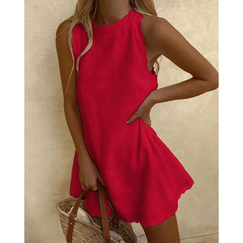 Robe midi chic et légère pour femme, parfaite pour l'été, sans manches festonnées.