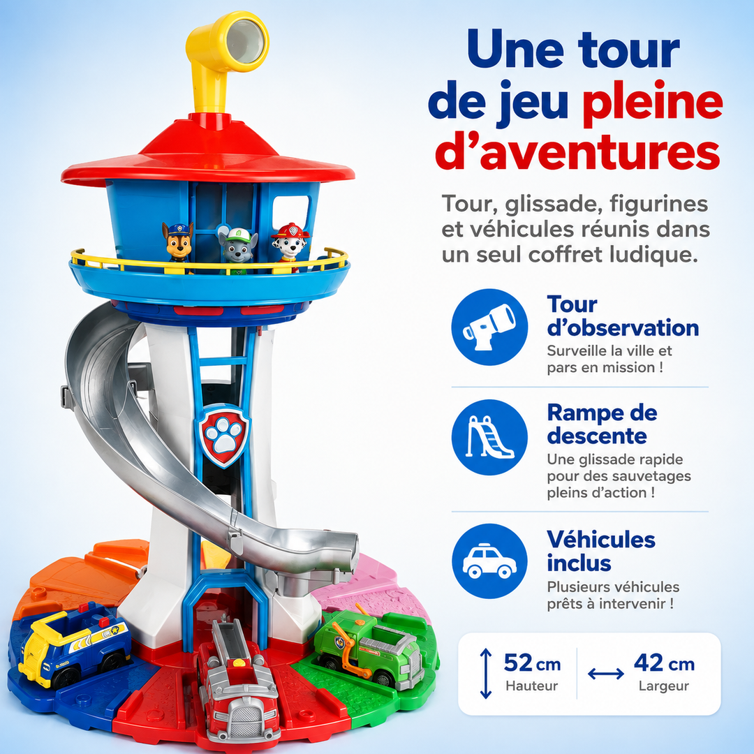 Jouet tour d'aventure pour enfant, incluant des figurines, un véhicule et une piste de jeu pour des heures de fun.
