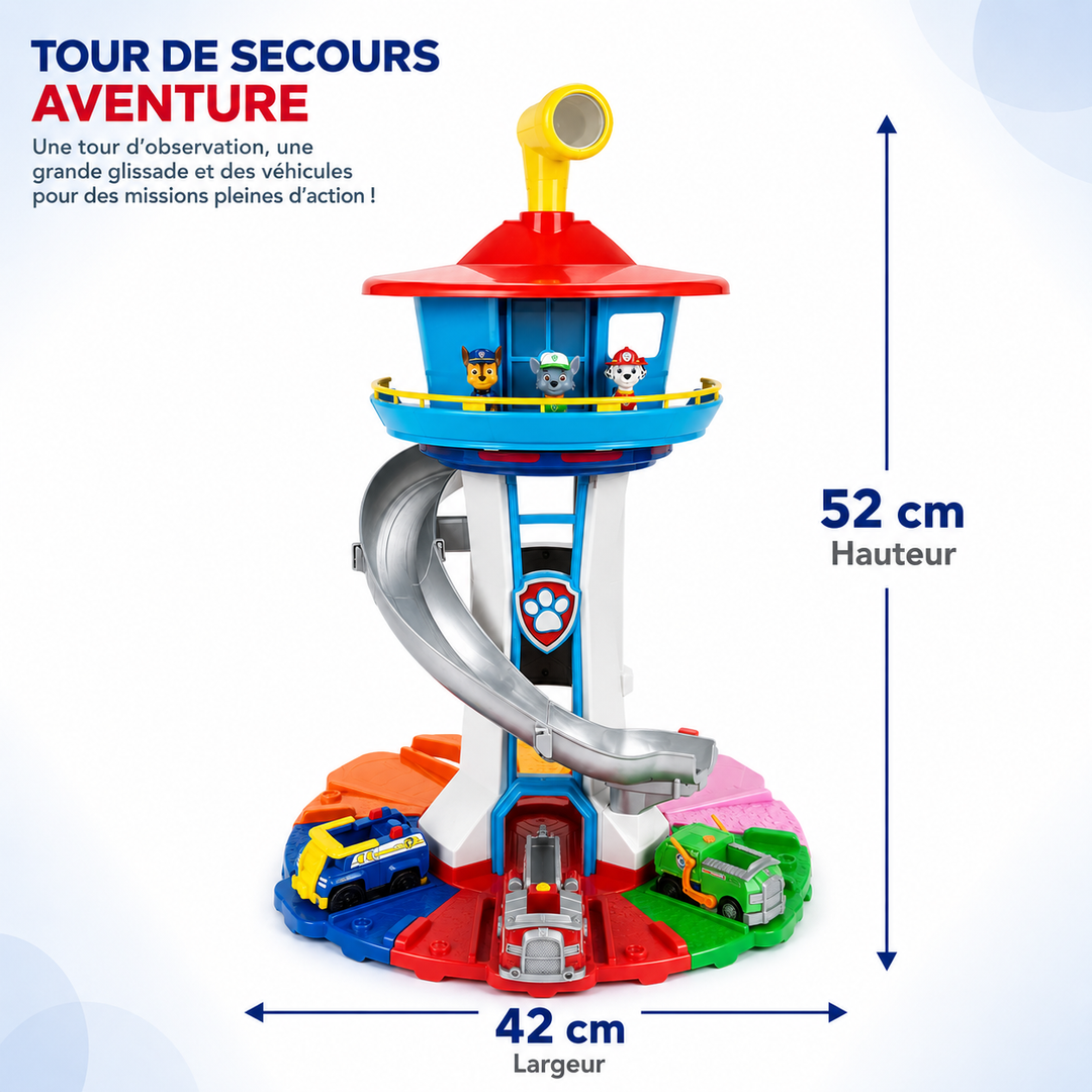 Jouet d'intérieur: grande tour de jeu d'aventure pour enfants, avec piste et figurines pour un développement créatif.