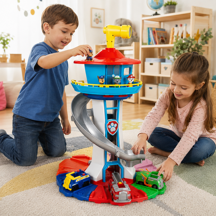 Tour de jeu d'aventure stimulant la créativité des enfants avec des véhicules, figurines et multiples scénarios de jeu.