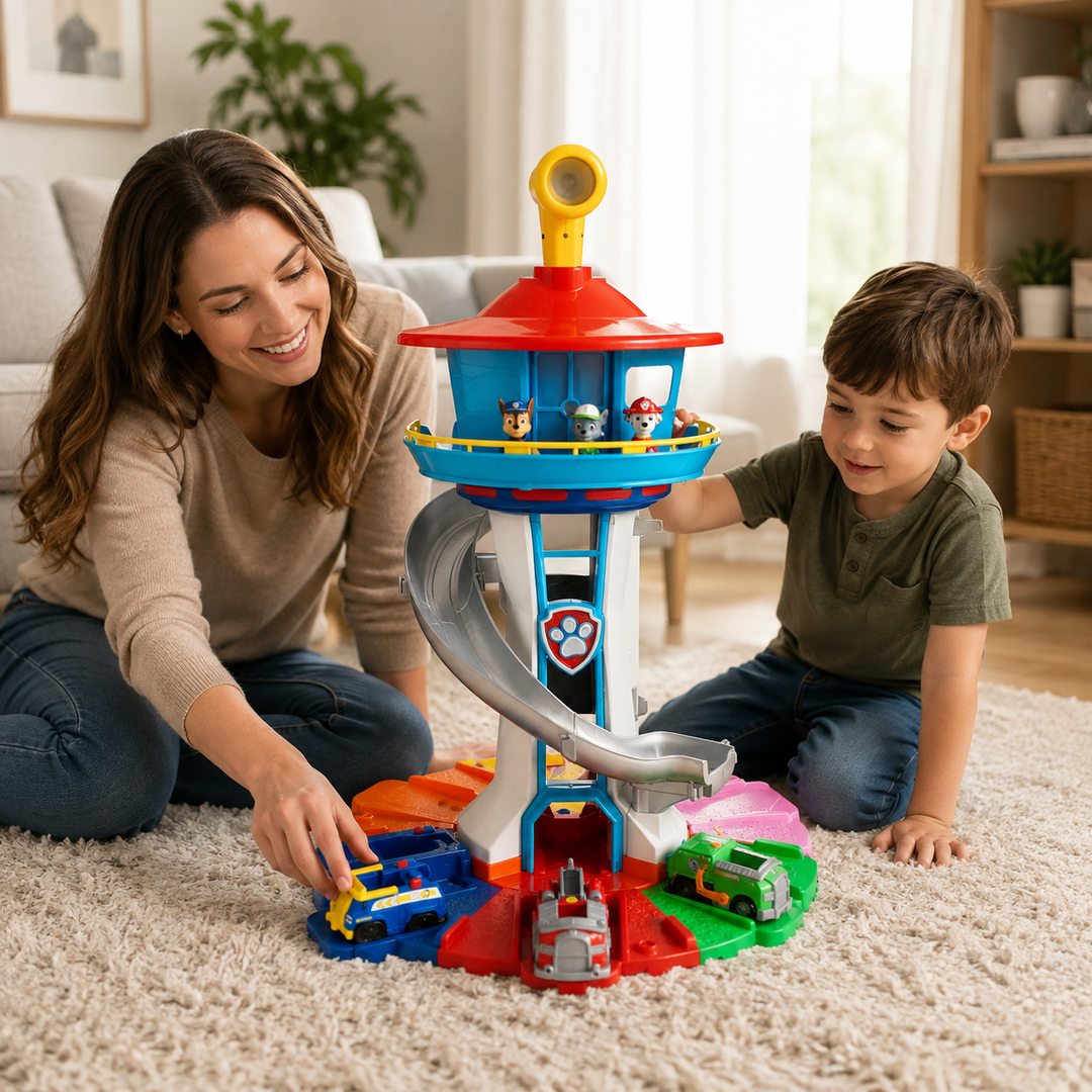 Tour de jeu pour enfant avec ascenseur, toboggan, piste de course et figurines pour des aventures infinies.