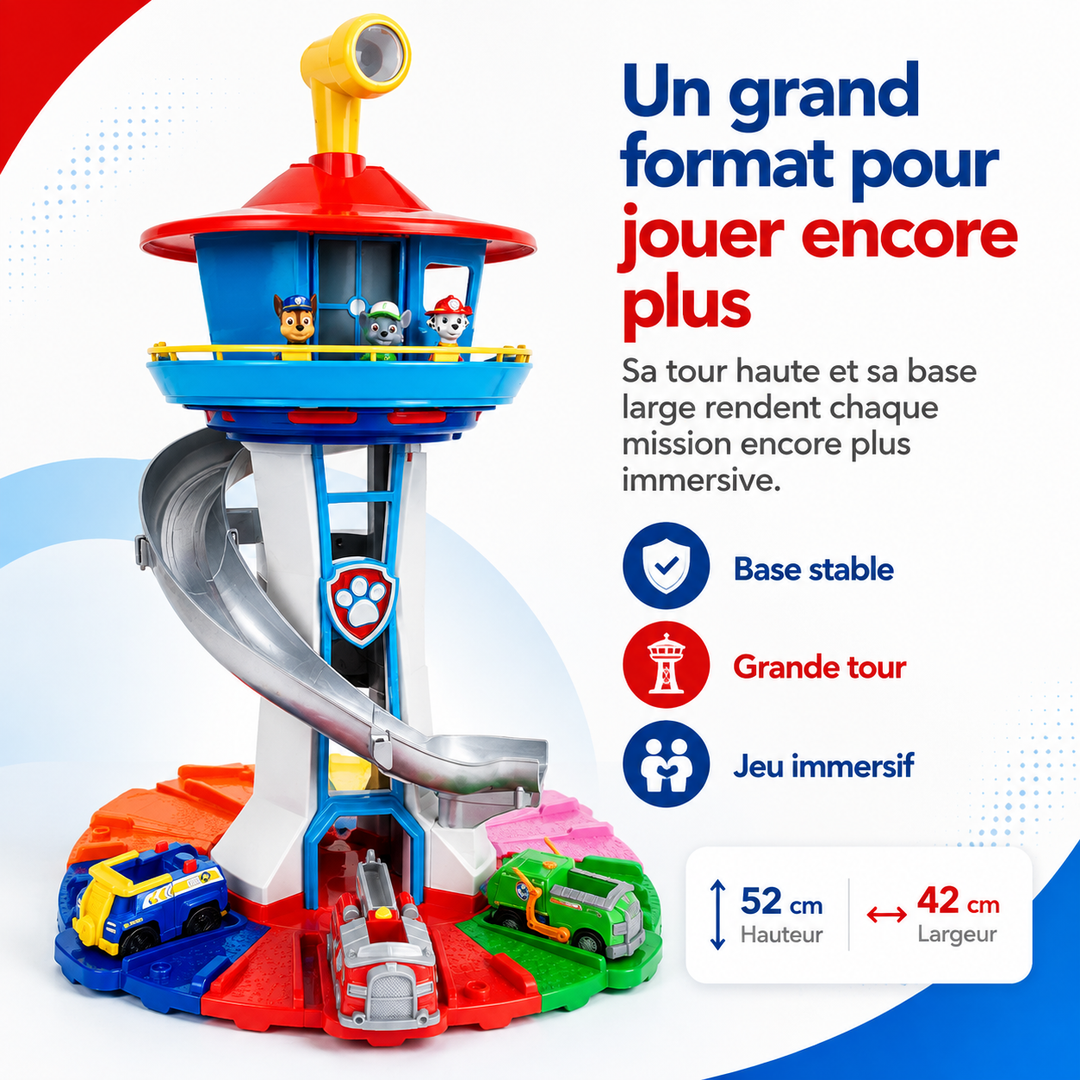 Tour de jeu d'aventure Paw Patrol pour enfant, avec figurines, piste et véhicule pour un jeu intérieur.