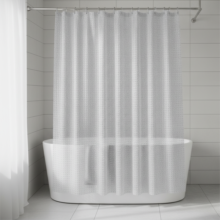 Rideau de douche transparent en EVA LumiCurtain, imperméable, idéal pour salle de bain moderne.
