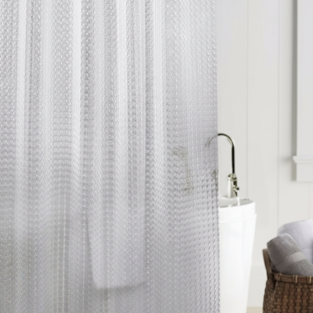 Rideau de douche transparent LumiCurtain en EVA, disponible en blanc ou rose pour salle de bain moderne.