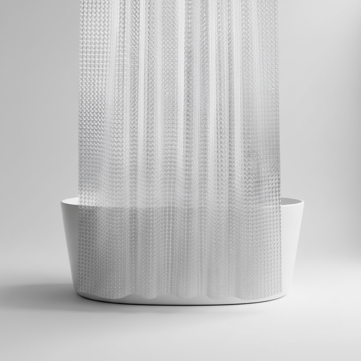 Rideau de douche LumiCurtain transparent en EVA, design moderne, facile d'entretien pour salle de bain.