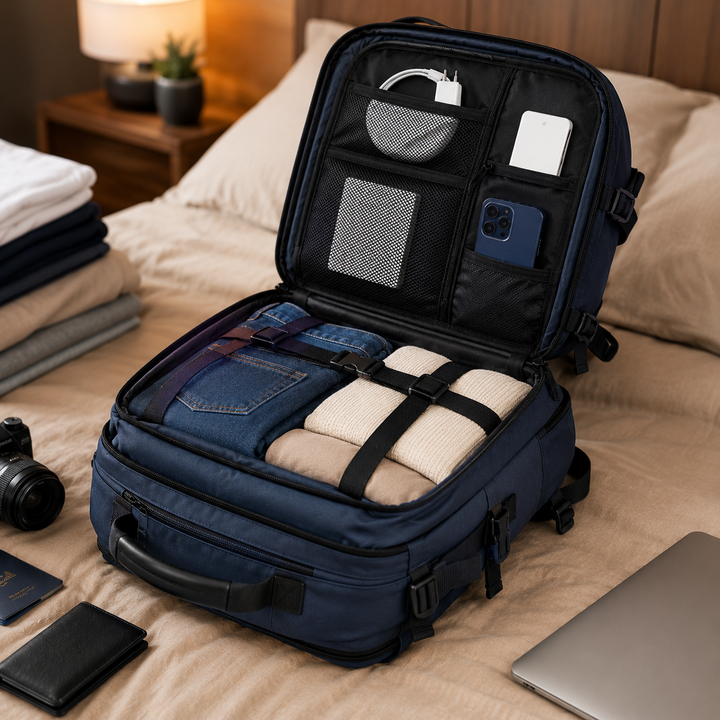 Vue de face du sac à dos TravelPack, design moderne, polyester résistant, idéal pour tous.