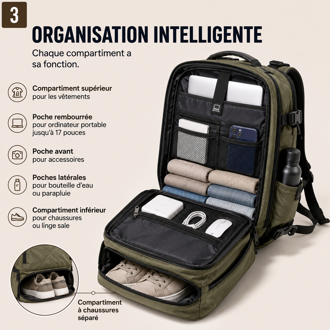 TravelPack sac à dos extensible noir, polyvalent pour homme et femme, compatible cabine d'avion.