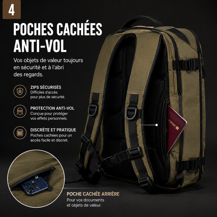Sac à dos de voyage TravelPack sur mesure, grande capacité, poches sécurisées, style unisexe.
