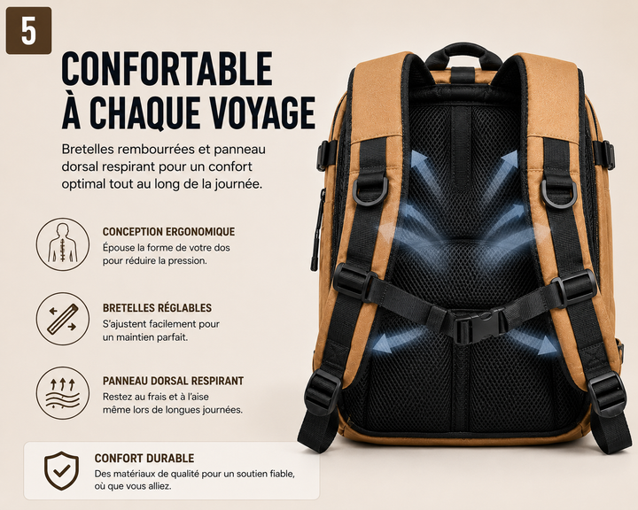 Modèle porte un sac à dos TravelPack compact en ville, parfait pour le quotidien actif.