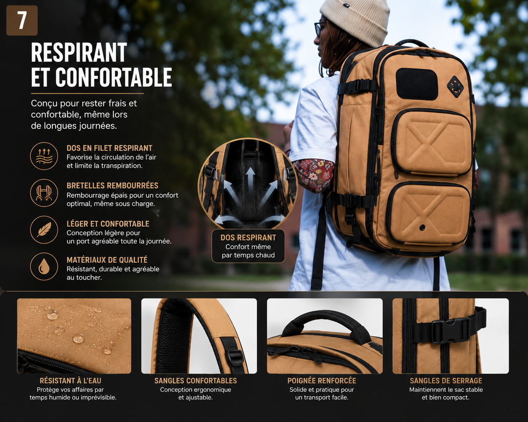 Sac à dos TravelPack ouvert, montrant ses multiples compartiments organisateurs pour un voyage sans effort.