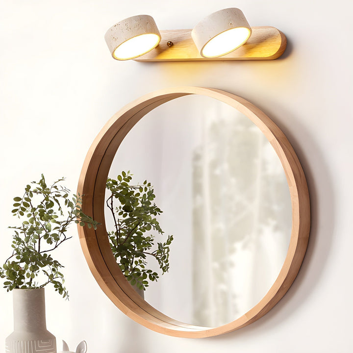 Applique murale LED moderne en travertin et bois, éclairage élégant pour salon ou chambre.