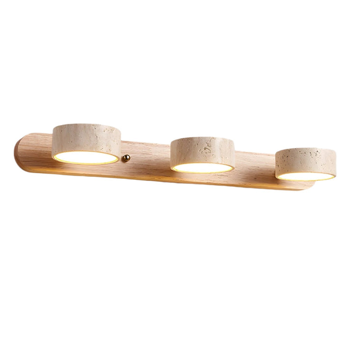 Applique design moderne, travertin et bois, éclairage LED parfait pour un couloir élégant.
