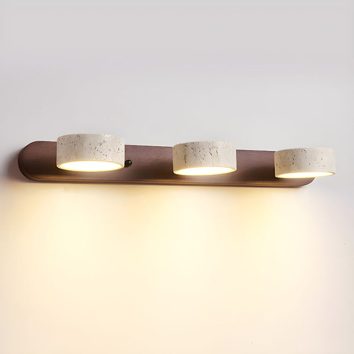 Luminaire LED mural moderne pour intérieur, un duo travertin et bois au design raffiné.