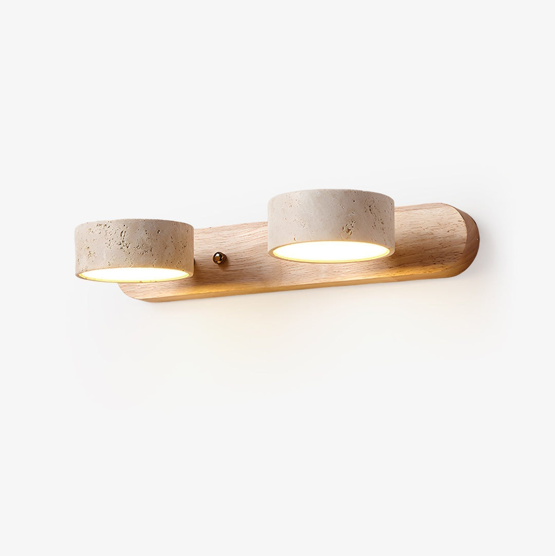 Applique LED contemporaine, bois clair et travertin, éclairage idéal pour chambre ou salon.