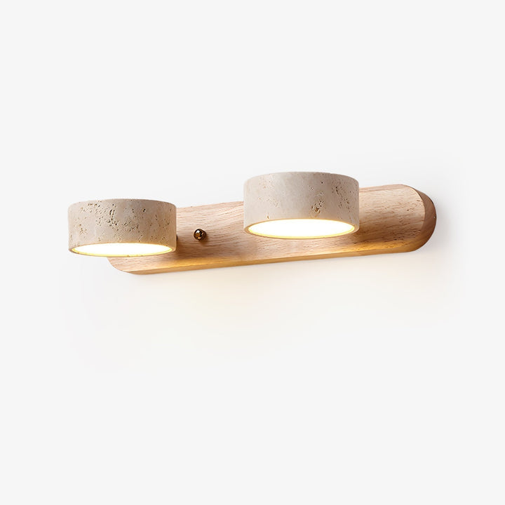 Applique LED contemporaine, bois clair et travertin, éclairage idéal pour chambre ou salon.