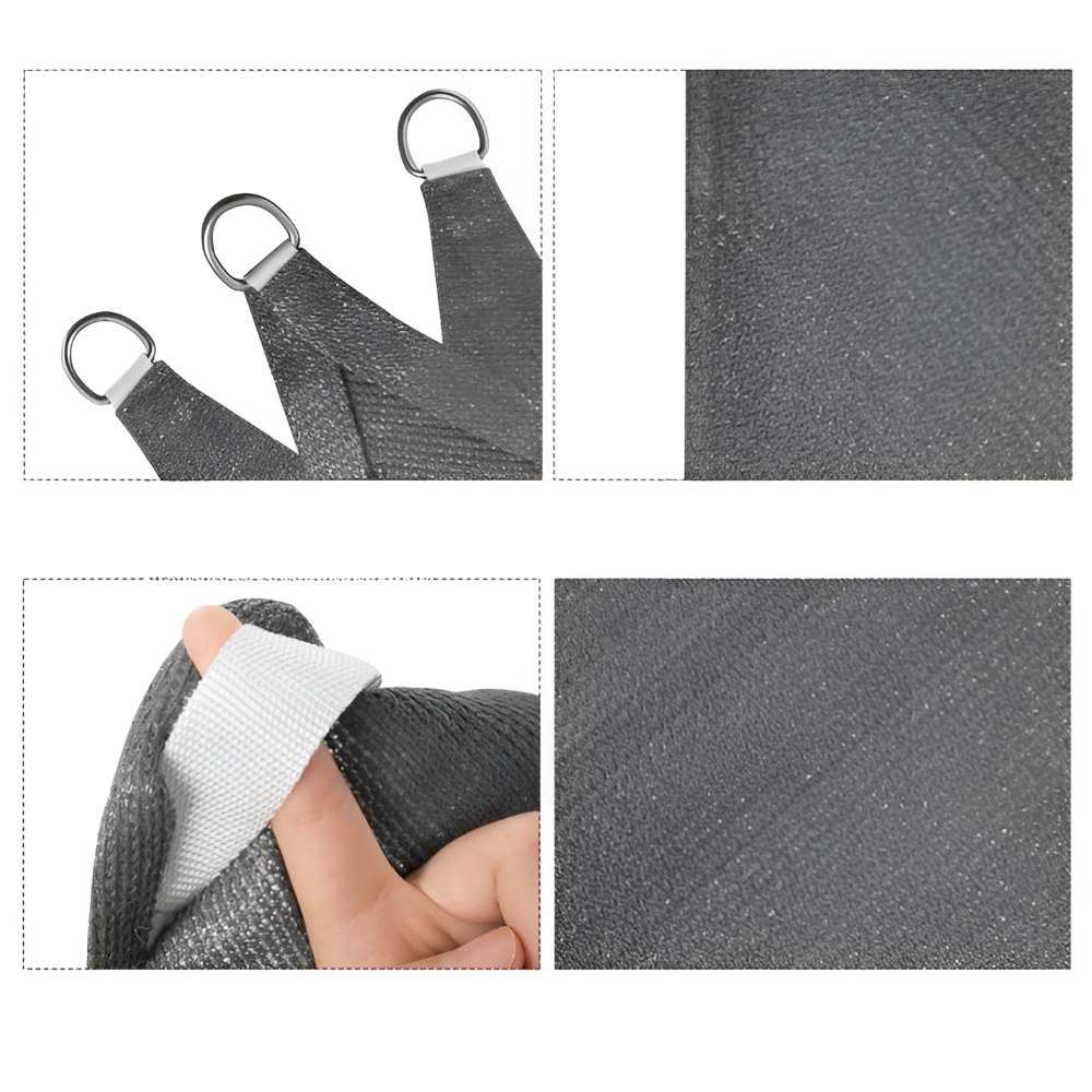 Auvent de terrasse triangulaire gris, toile respirante HDPE, pare-soleil extérieur.