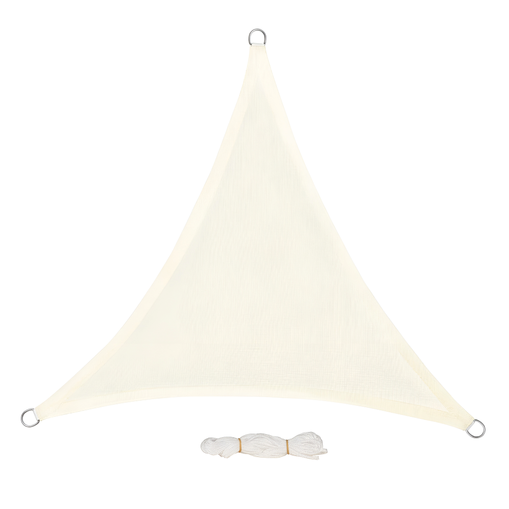 Auvent triangulaire crème, bloque 98% des UV, parfait pour jardin et patio.