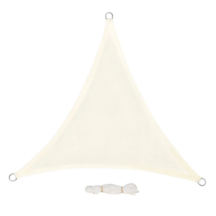 Auvent triangulaire crème, bloque 98% des UV, parfait pour jardin et patio.