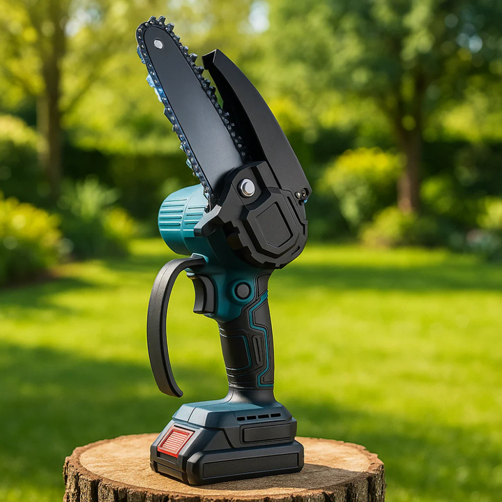 Tronçonneuse électrique portable compacte, idéale pour élagage et coupe de bois de jardin. Outil léger pour entretien.