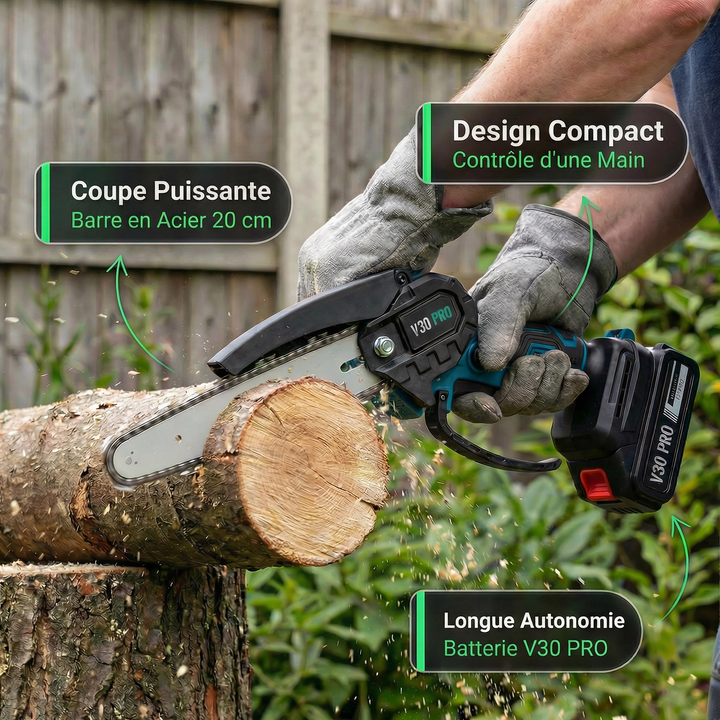 Tronçonneuse électrique portable en action, coupant une branche d'arbre. Parfaite pour l'élagage précis du jardin.