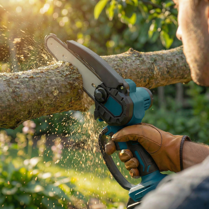 Détail tronçonneuse électrique portable, batterie et guide-chaîne pour coupe bois jardinage sûre et efficace.