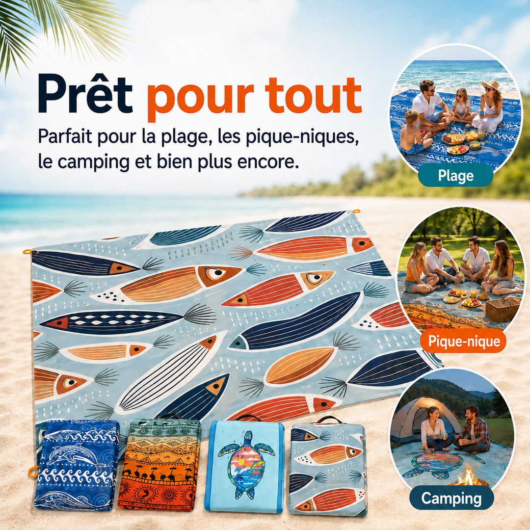 Tapis de plage TropiComfort en polyester robuste, grande taille, idéal pour pique-nique et activités extérieures.