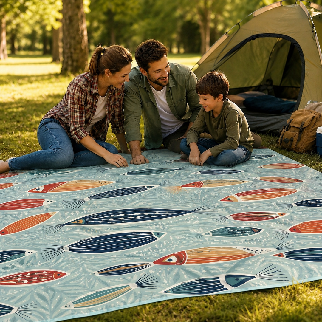 Grand tapis anti-sable TropiComfort, idéal pour la plage, le parc et les activités de plein air.