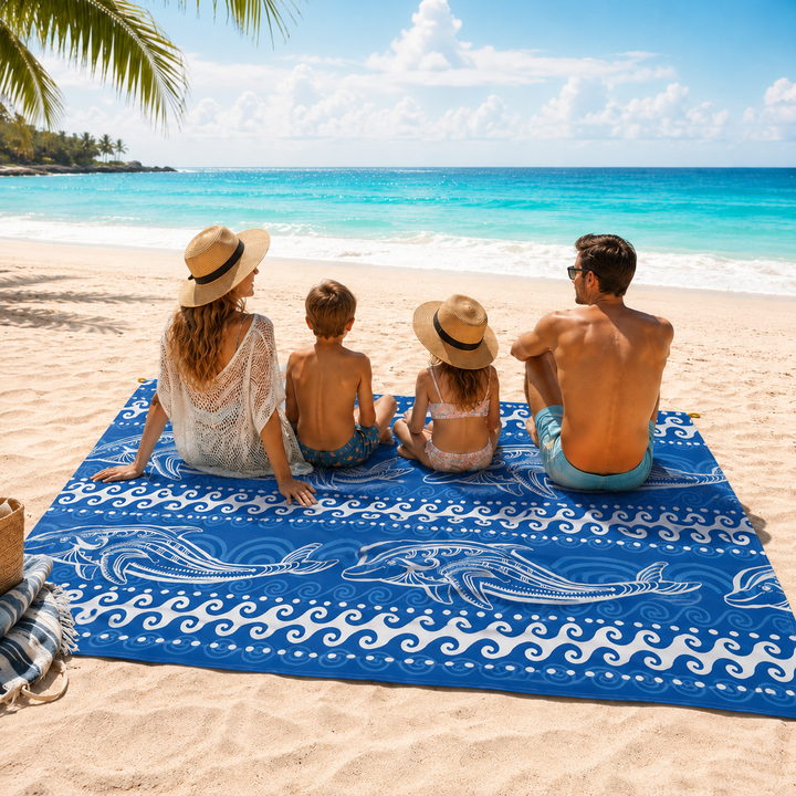 Tapis multi-usage TropiComfort, grand format, anti-sable, idéal pour plage, pique-nique et camping.
