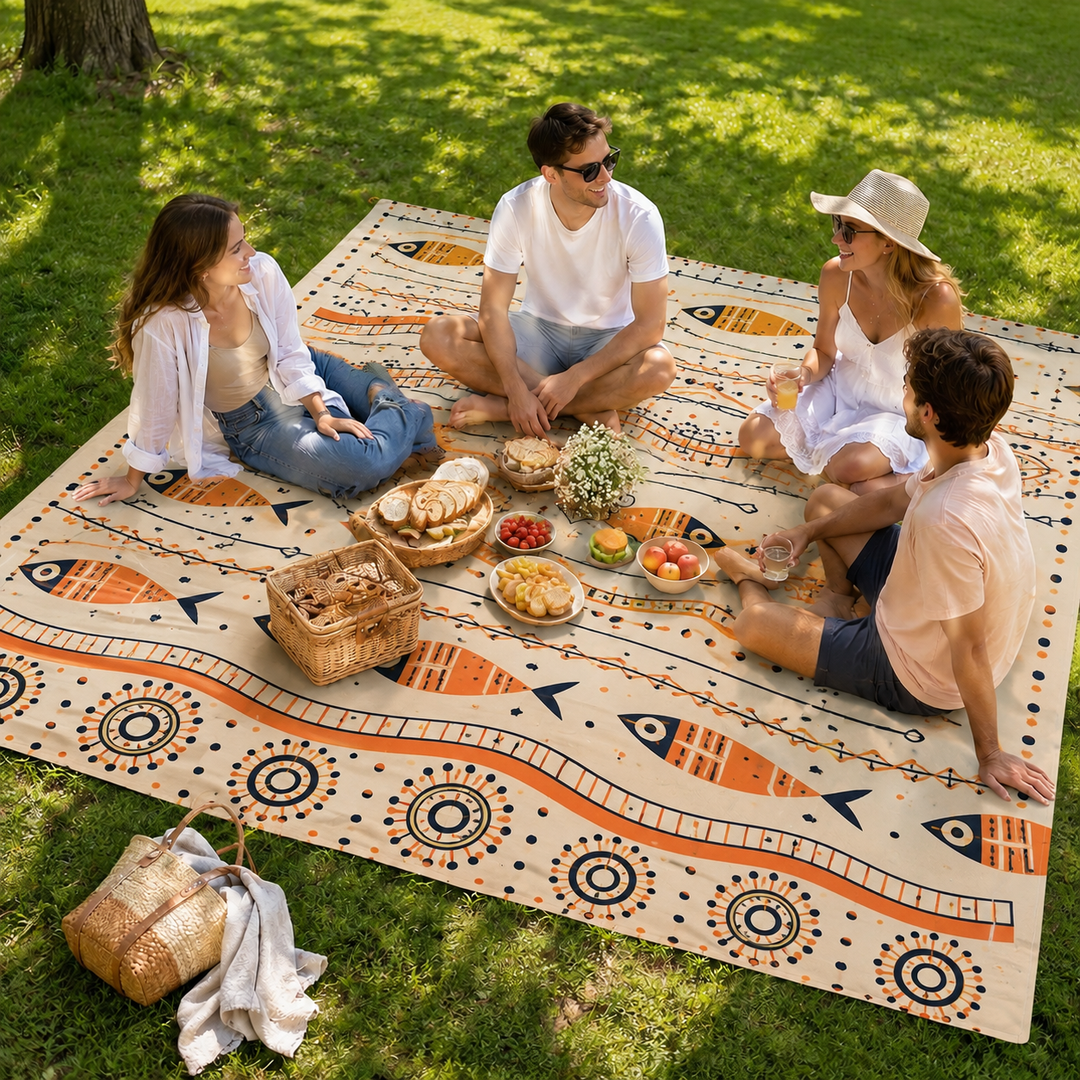 Tapis de plage TropiComfort pour famille, polyester résistant, grand format pour plus de confort extérieur.