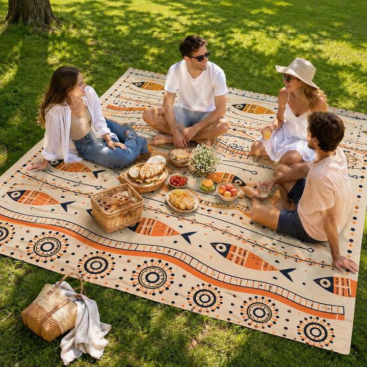 Tapis de plage TropiComfort pour famille, polyester résistant, grand format pour plus de confort extérieur.