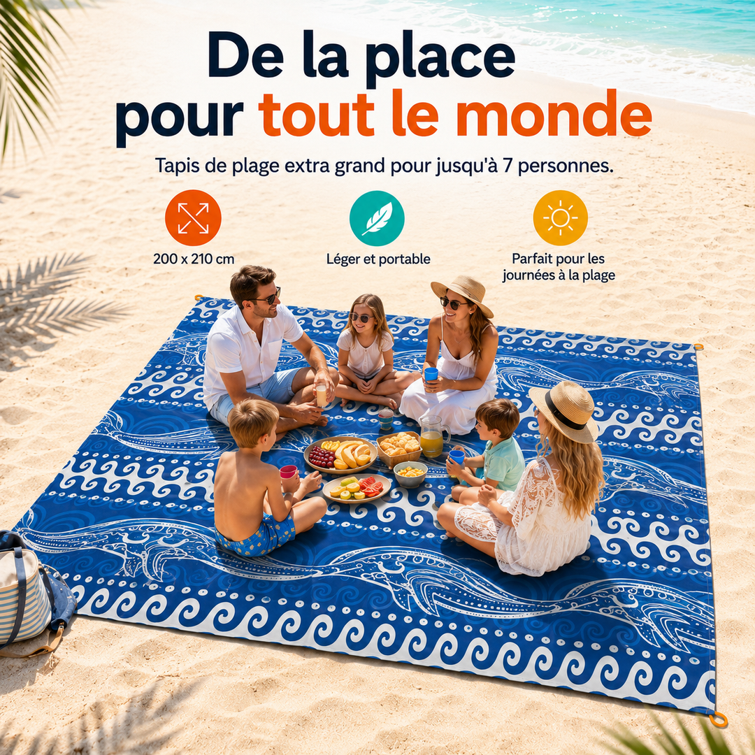 Accessoire de plage TropiComfort : tapis spacieux, durable, résistant au sable pour un confort optimal.