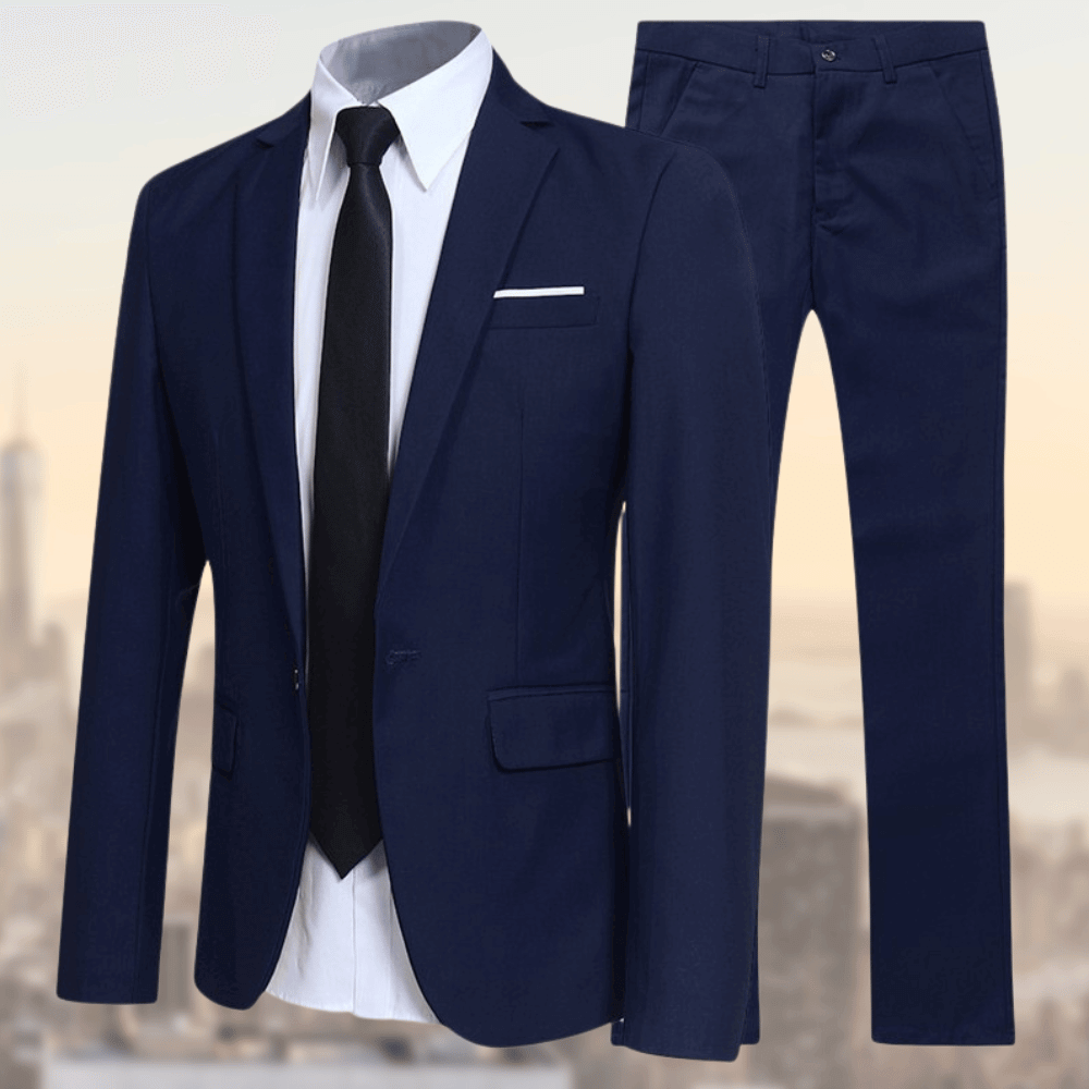 Tailleur homme deux pièces ajusté, avec veston et pantalon, pour un look professionnel au bureau.