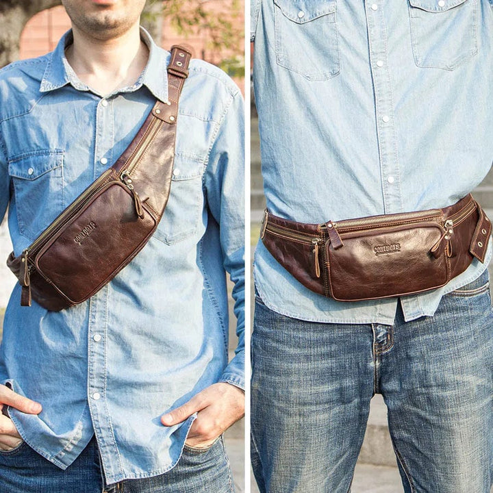 Homme portant sacoche banane en cuir véritable, style décontracté chic, accessoire de voyage.