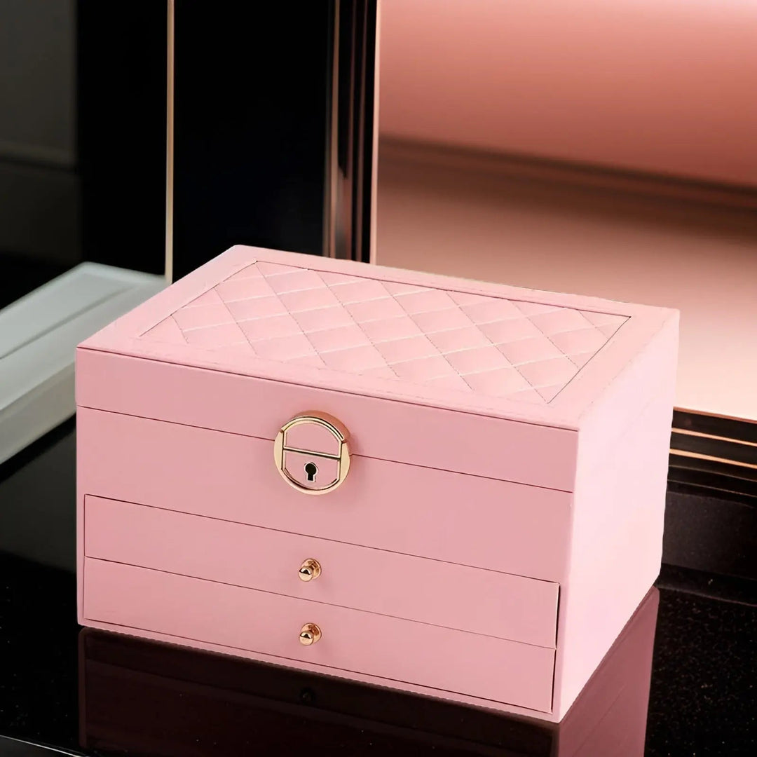 Boîte à bijoux multi-niveaux en cuir, solution d'organisation maison pour un rangement optimisé.