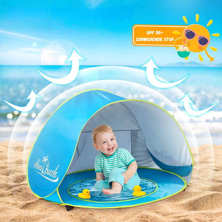 Tente de plage enfant pop-up, design coloré, offrant protection UV et ombre fraîche pour les bébés et jeunes enfants.