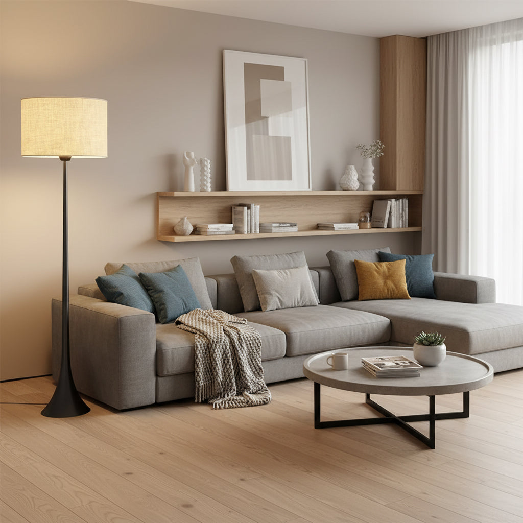 Lampe sur pied élégante et minimaliste en métal, idéale pour une décoration intérieure contemporaine de salon ou chambre.