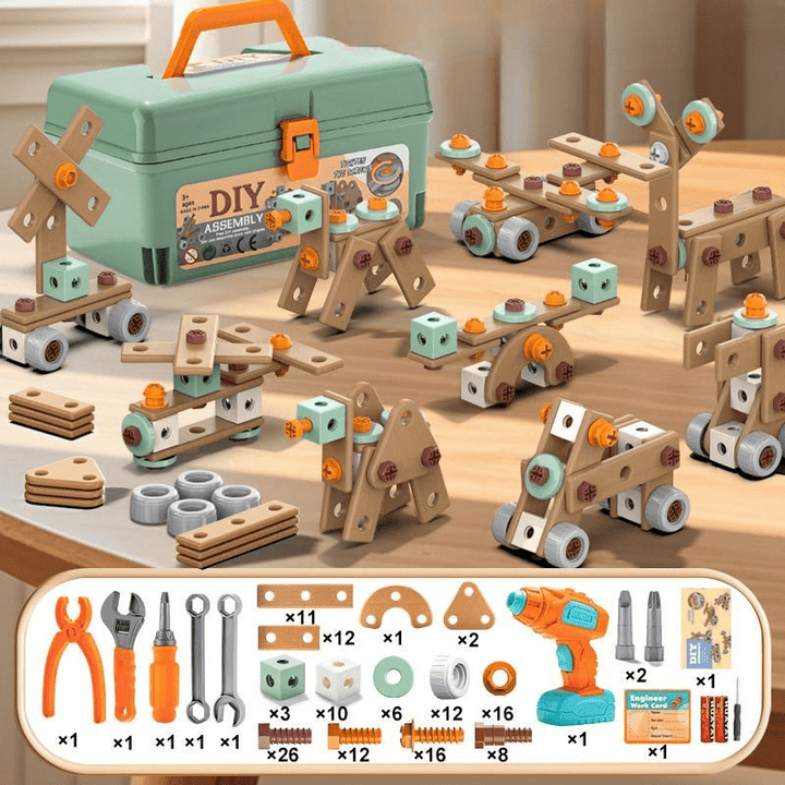 Un ensemble complet d'outils de construction pour enfants. Idéal pour développer la créativité et l'apprentissage.