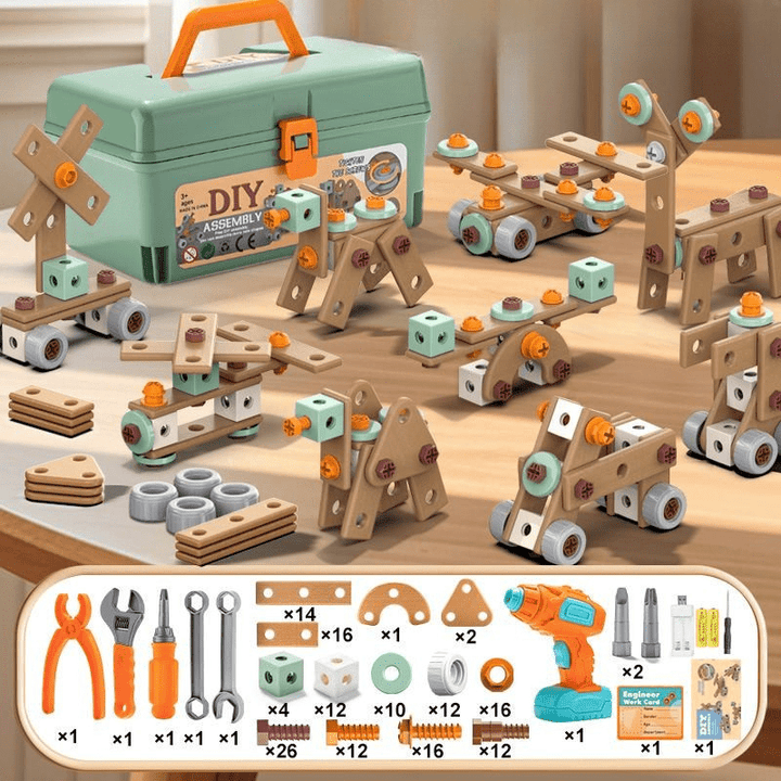 Photo du kit d'outils de construction pour enfants, jouet éducatif et créatif en plastique ABS.