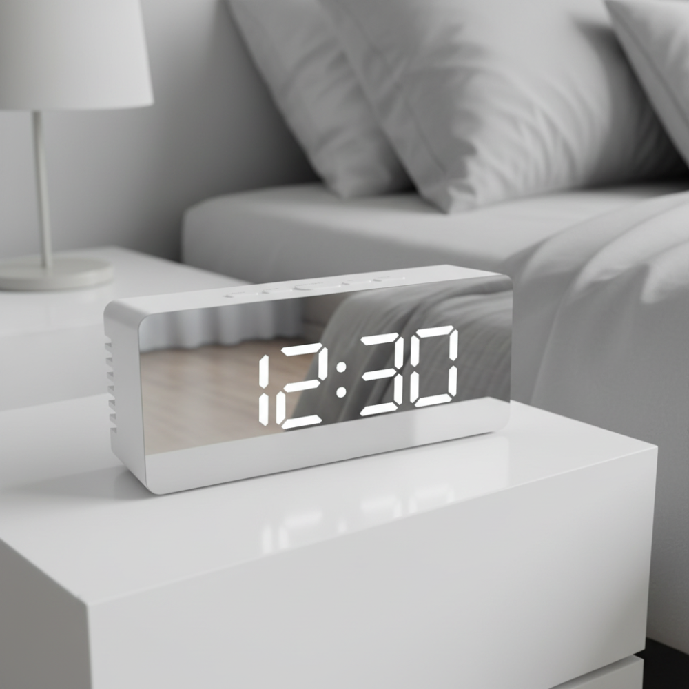 Réveil numérique miroir avec fonction snooze, mode nuit automatique et affichage clair pour un réveil doux.