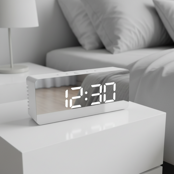 Réveil numérique miroir avec fonction snooze, mode nuit automatique et affichage clair pour un réveil doux.