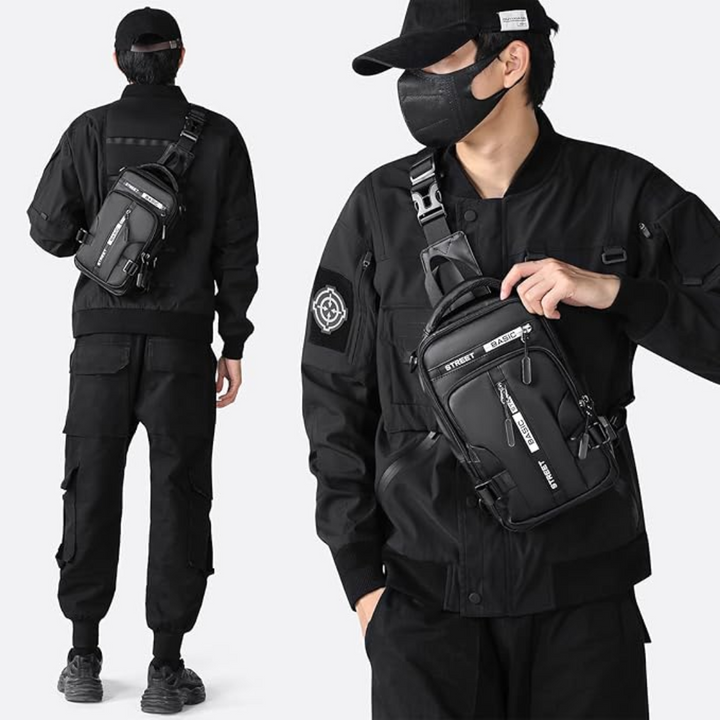 Sac sling urbain élégant, porté sur l'épaule, accessoire pratique et moderne pour homme ou femme.
