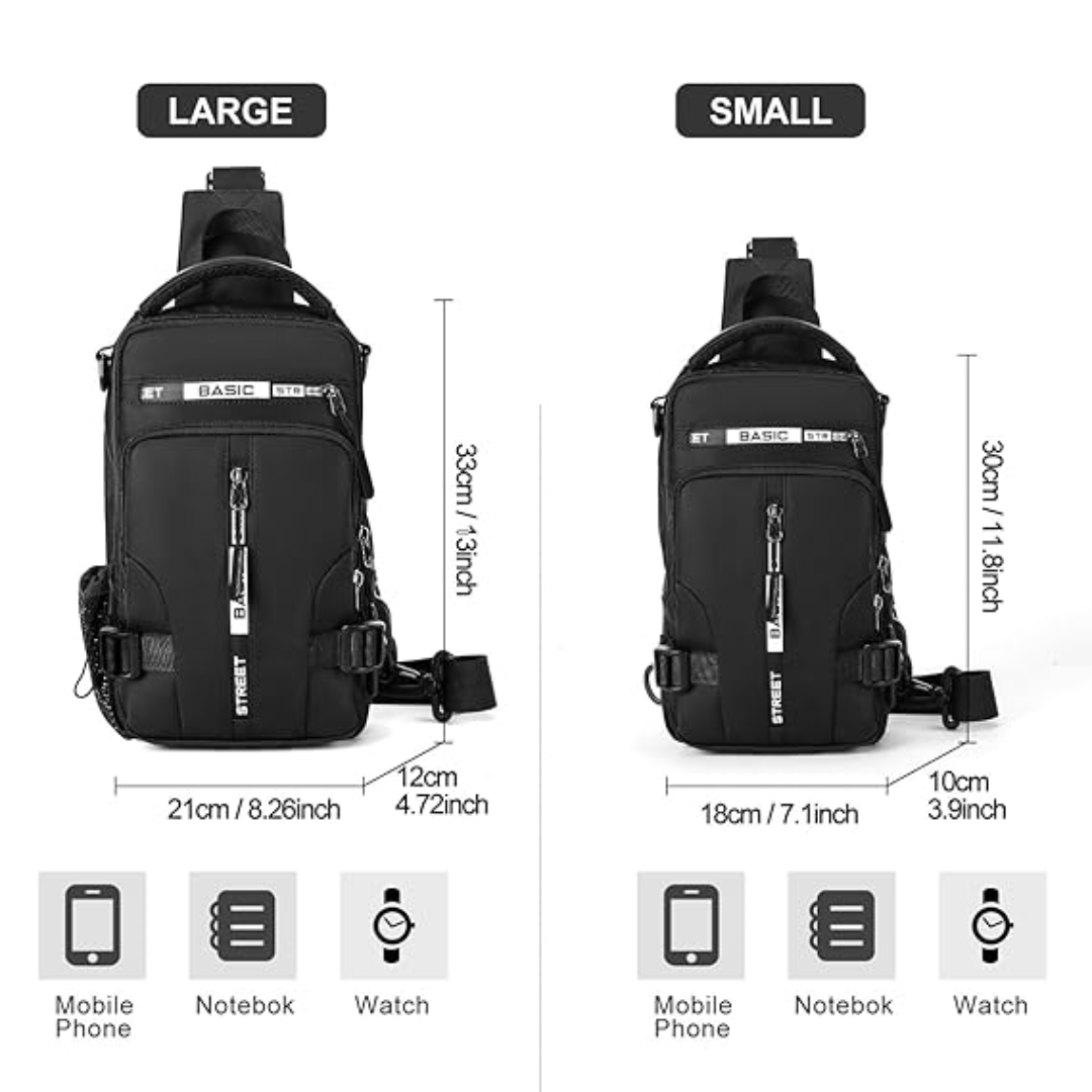 Personne active portant un sac à dos sling compact pour une journée d'aventure en ville ou nature.
