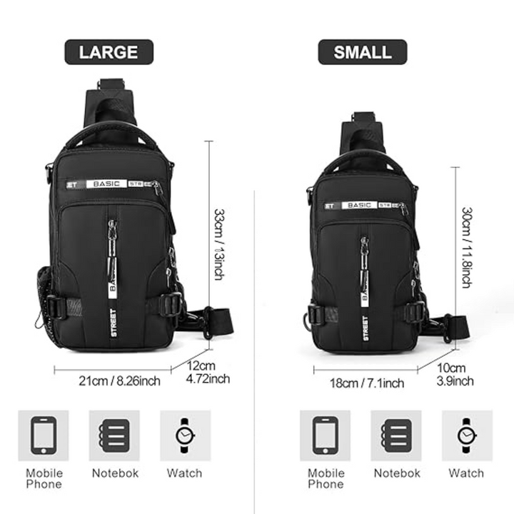 Personne active portant un sac à dos sling compact pour une journée d'aventure en ville ou nature.