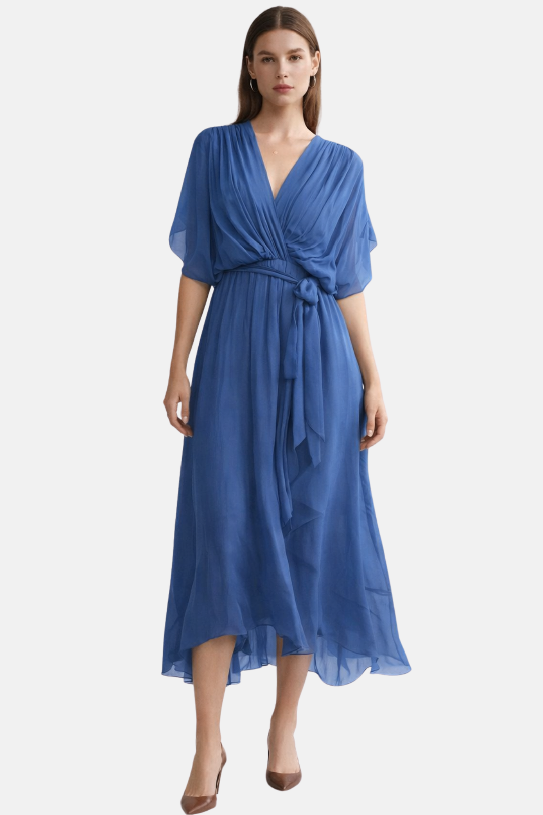 Robe midi fluide femme, décolleté V, ceinture. Élégante pour soirée ou tenue chic, grandes tailles.