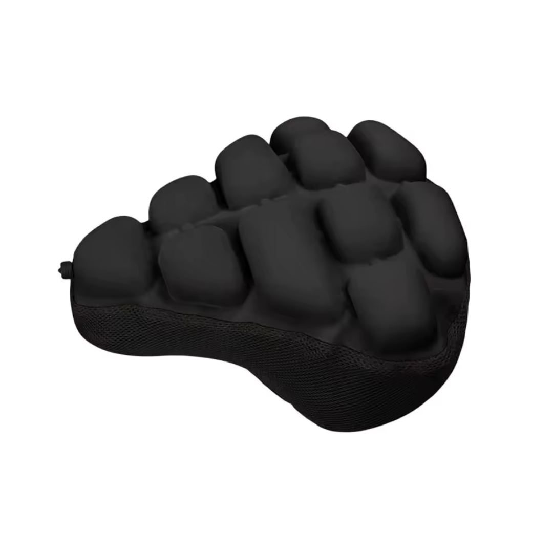 Coussin de selle vélo bleu LuxRide gonflable. Améliore le confort, réduit les chocs pour cyclisme longue distance.
