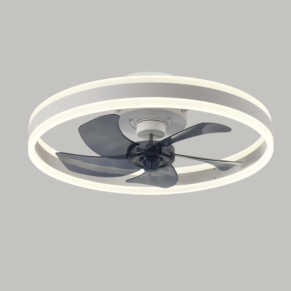 Ventilateur de plafond avec éclairage LED, intelligent et design, parfait pour un luminaire moderne et fonctionnel.