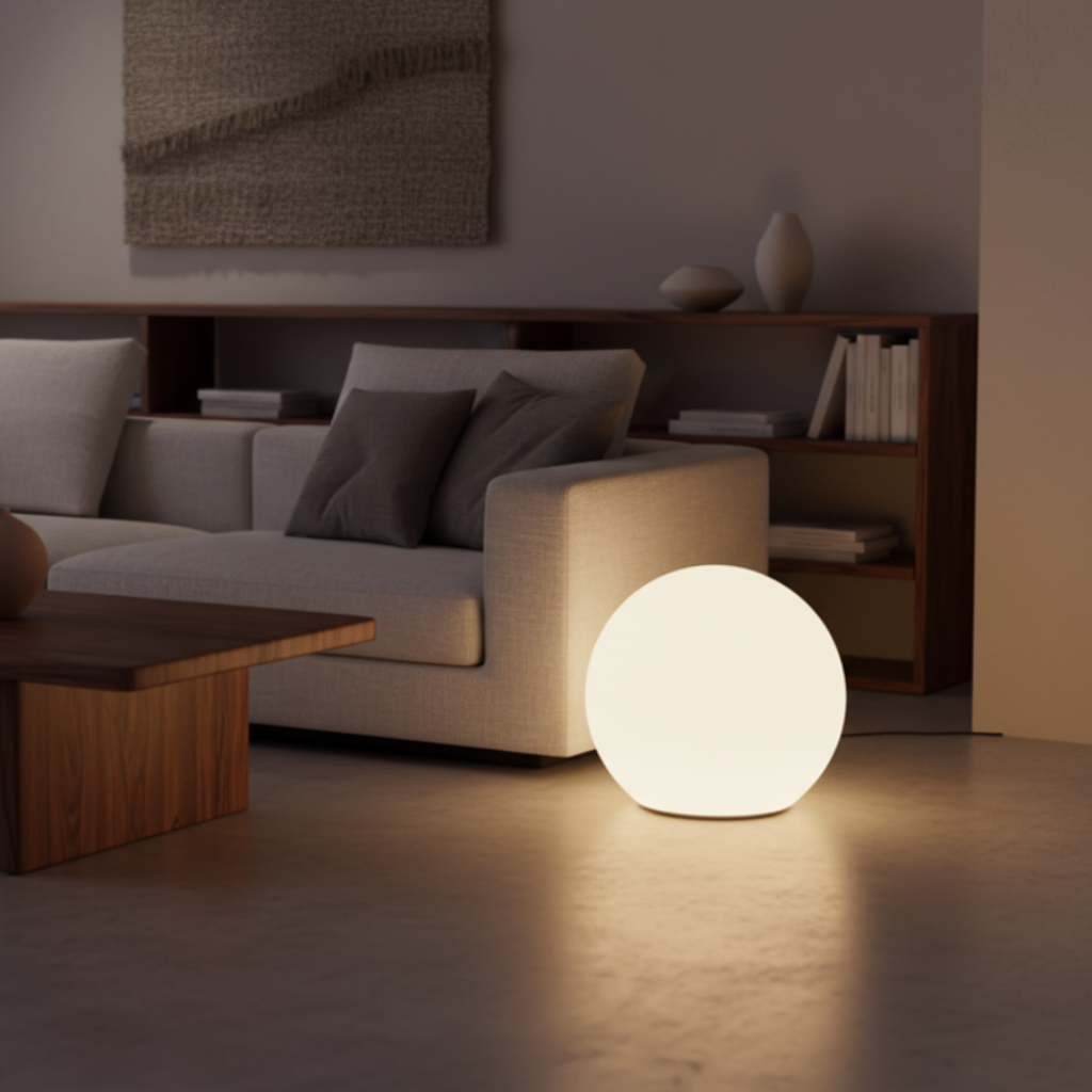 Ambiance lumineuse avec lampe sphère LED RGB, 16 couleurs pour fêtes, soirées ou détente intérieure/extérieure.